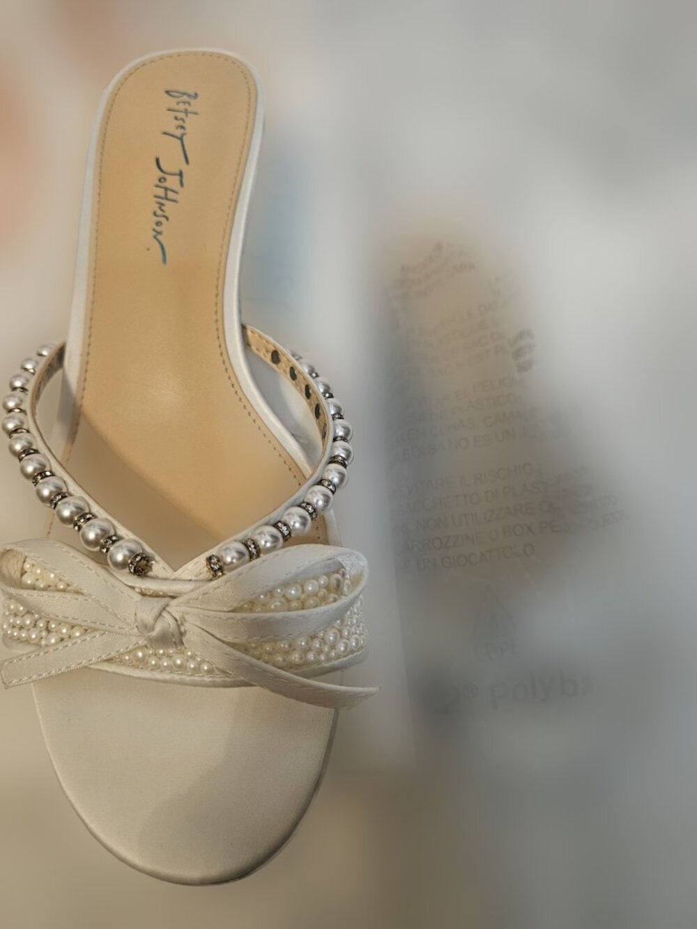 Betsey Johnson Mandy Slide Sandals Womens 10 White Satin Pearl Bow Ball Heel NIB